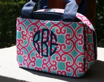 Girls Monogrammed Lunch Bag Pink Mint Floral Girls Personalized Lunch Tote
