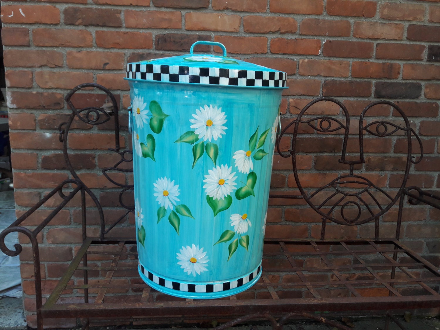 20 Gallon Hand Painted Galvanized Metal Trash/Garbage/Storage