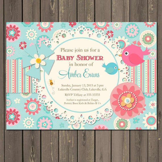 Bird Baby Shower Invitation, Birds and Flowers Feather the Nest Invitation, Pink and Blue Baby Shower Invite, Doily, printable or printed Il_570xn