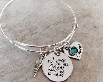 I used to be his angel now he is mine hand stamped personalized bangle bracelet