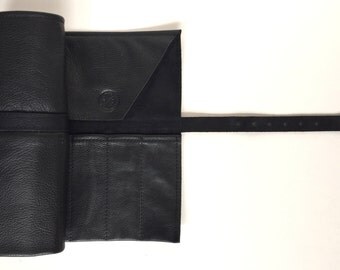 Black leather scissor case, leather scissor roll, leather tool roll, barber gift, hairdresser gift, leather comb case, birthday gift