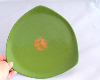 Vintage Ceramic Plate or Dish, Hand Painted, Green, Triangle Shape, Table decor