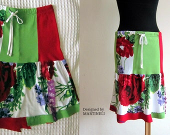 Crazy Patchwork Skirt Tshirt Recycled Boho Gypsy Skirt Applique Recycled Floral Boho Gypsy Skirt Summer Flower Skirt Bohemian Clothing