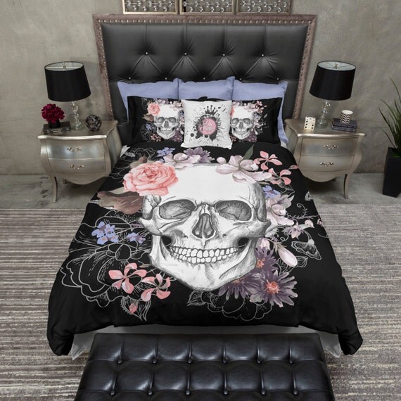 Lightweight Skull & Rose Bedding Comforter Cover by InkandRags