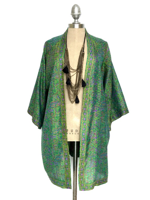 Silk Kimono jacket in green and purple and with a ethnic