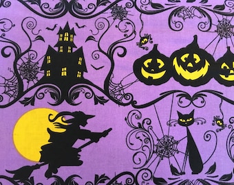 Halloween fabric - witch fabric - cat fabric - jackolantern fabric - jack-o-lantern fabric - haunted house fabric - black cat fabric #16490
