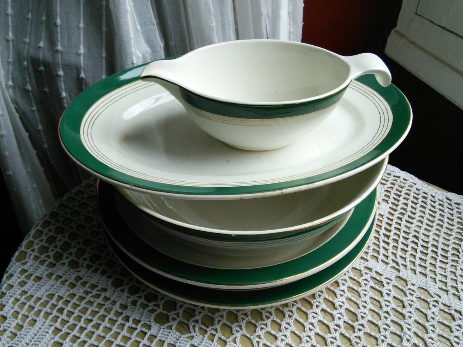 Serving Bowls and Plates 4 pc French Vintage Green Gold Digoin