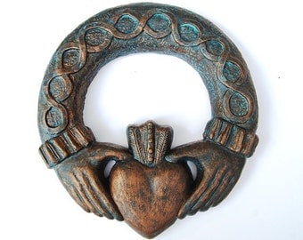 Claddagh wall art, celtic patio art, Irish Claddagh sculpture, cast stone Calddagh for the home and garden
