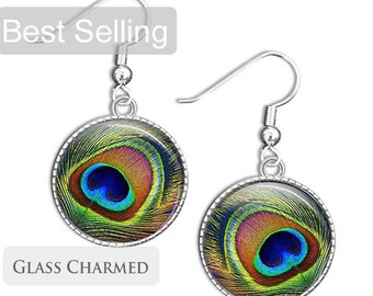 Peacock Jewellery - Feather Earrings - Peacock Glass Earrings - Glass Drop Earrings (PJF1)