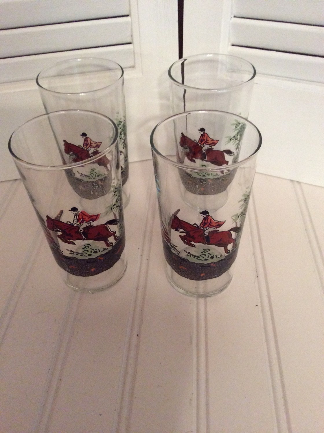 Libby glass/ vintage beverage glass/ libby hunting glass/ fox hunting