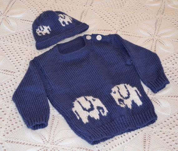 Baby Sweater and Hat knitting pattern with Elephants, Aran Sweater and Hat fe...