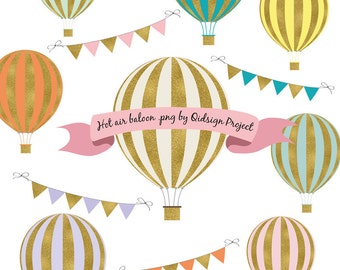Gold Hot Air Balloon Clipart Scrapbooking Invitation Personal and Commercial use Instant download