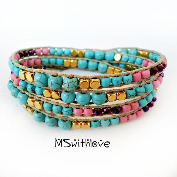 Bohemian turquoise wrap bracelet Blue and pink wrap bracelet