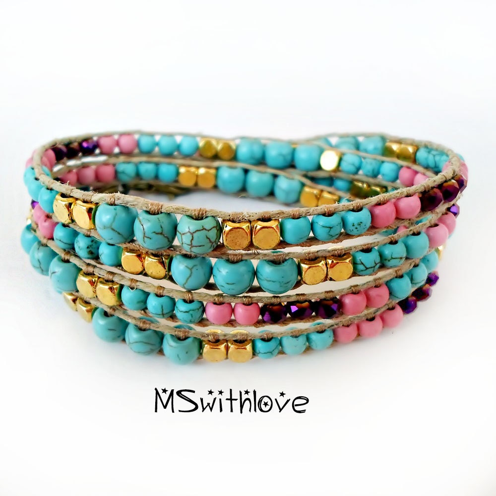 Bohemian turquoise wrap bracelet Blue and pink wrap bracelet
