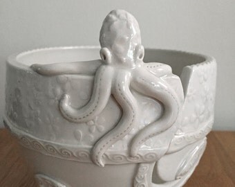 Octopus Porcelain Yarn Bowl wide base, indented rim, 3 yarn feeds. Strong and Lovable