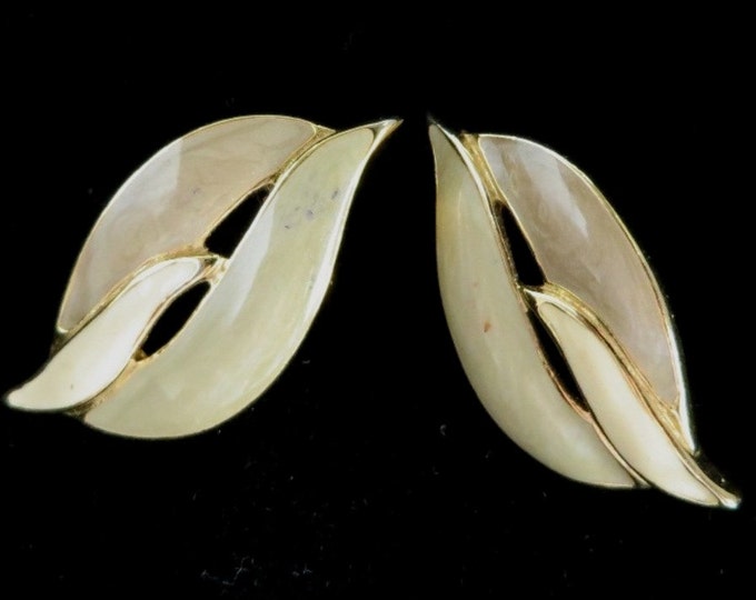 Vintage Trifari Earrings - Cream Enamel Pierced Earrings, Gold Tone Leaf Studs, Gift for Her, Gift Box