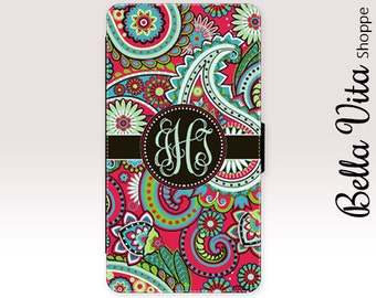 iPhone 7 Wallet Case, Red Paisley Monogrammed iPhone 7 Plus Wallet Case Monogram 1241