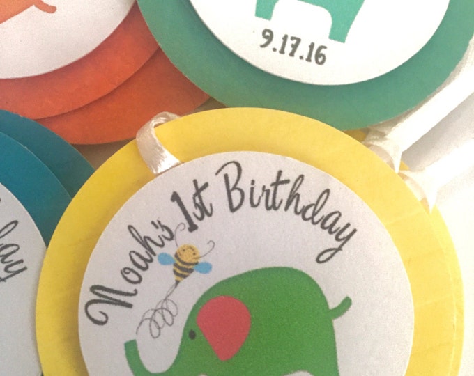 12 Personalized First Birthday Tags. Little Elephant Party Favor Tags. Baby Boy 1st Birthday