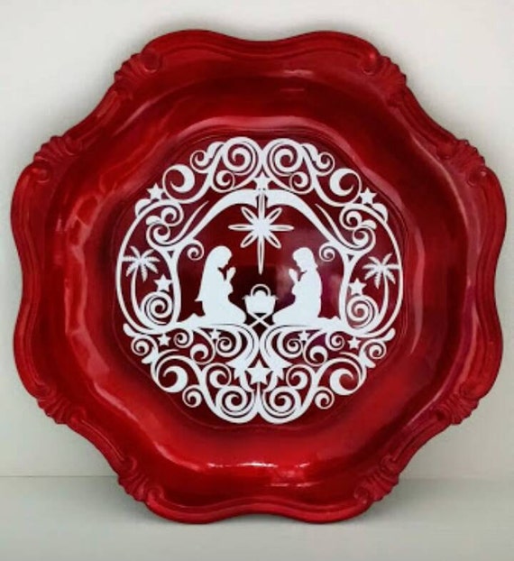 Items similar to Red Christmas Charger Plate, Accent Decor, Manger