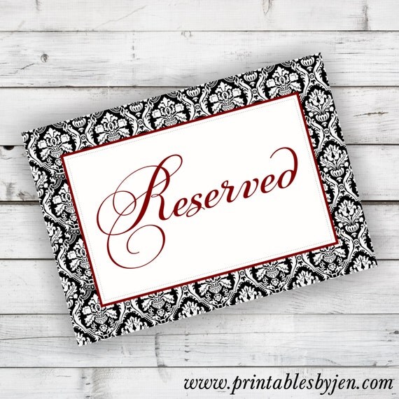 Reserved Sign DIY Printable in Black Damask and Cherry Red