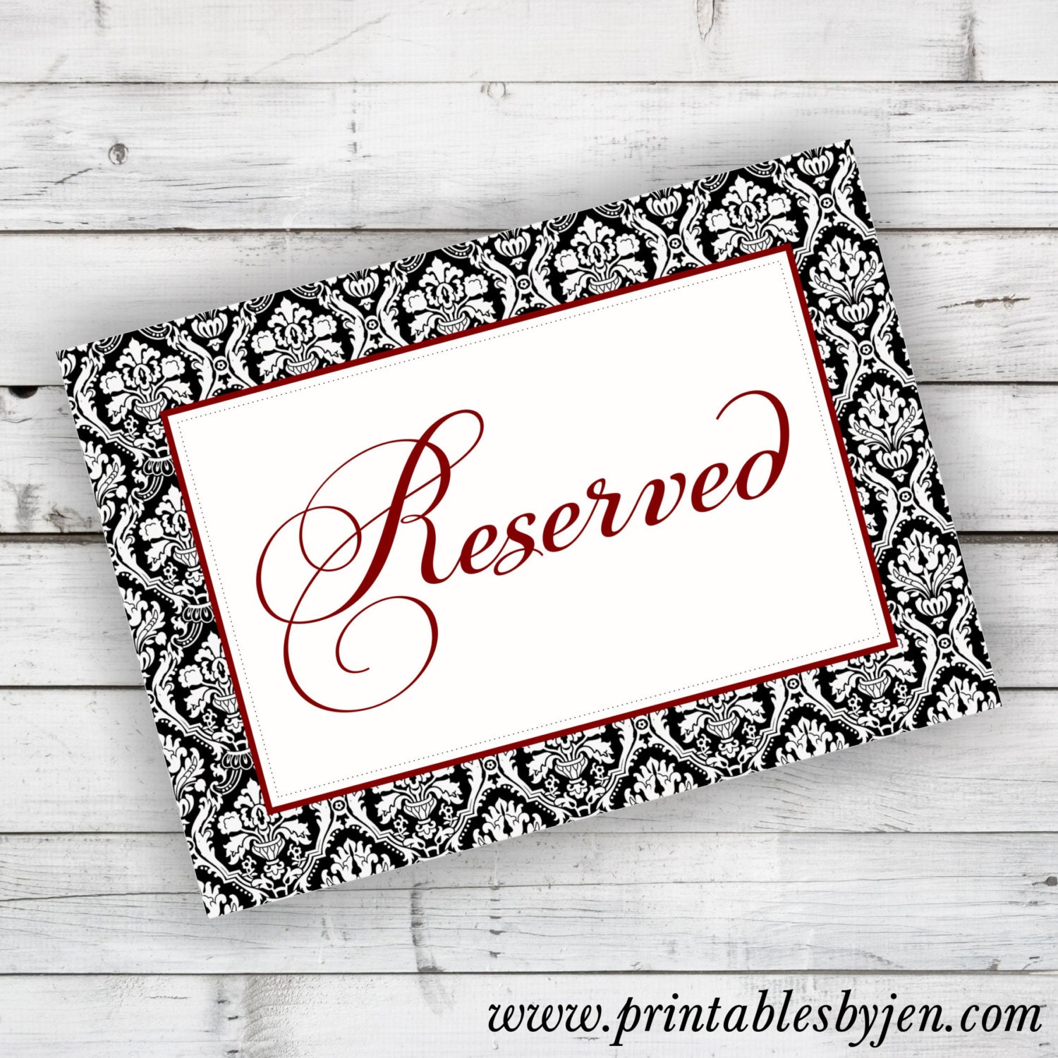 Reserved Sign DIY Printable in Black Damask and Cherry Red