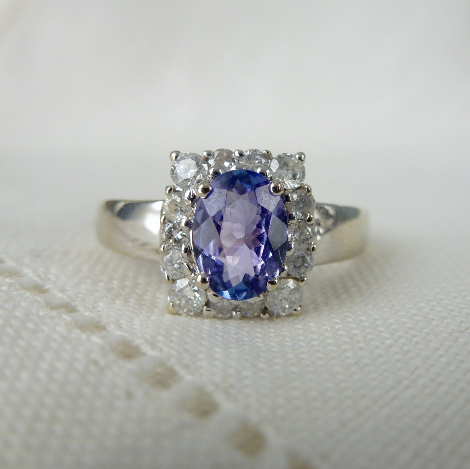 A Vintage Natural Tanzanite and Diamond 14kt White Gold Ring