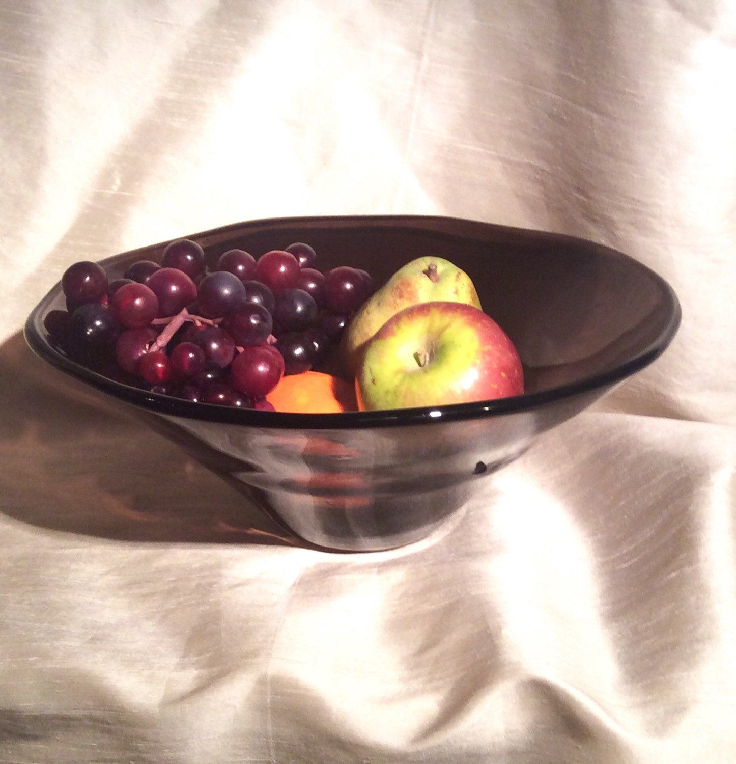 Large Hand Blown Glass Bowl. Aubergine Glass Fruit Bowl.