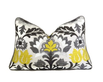 Grey and Yellow Outdoor Lumbar Pillow Cover-Santa Maria Licorice Pillow Cover- Yellow and Grey Pillow Cover- Grey and Yellow Pillow Cover