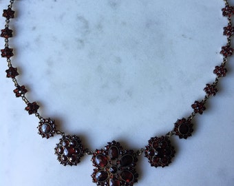 Bohemian garnet necklace, garnet gold, 17", floral starburst pattern, rose cuts