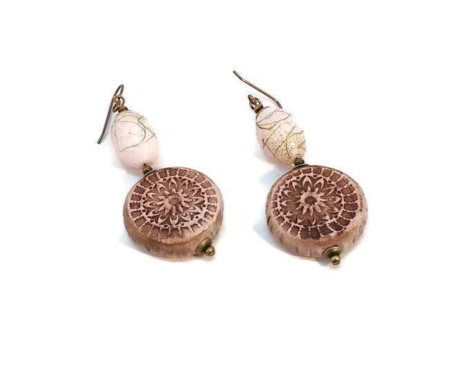 Handmade Reversible Pink & Brown Clay Shoulder Duster Drop Earrings Nickle Free Ear Wires Hypo Allergenic