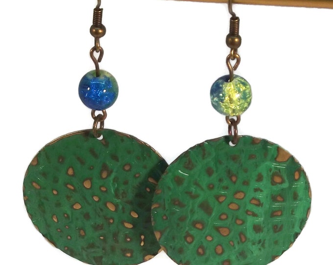 Hand Painted Aqua & Green Dragon Scales Dangle Earrings, Nickle Free Ear Wires, Hypo Allergenic, OOAK, One of a kind
