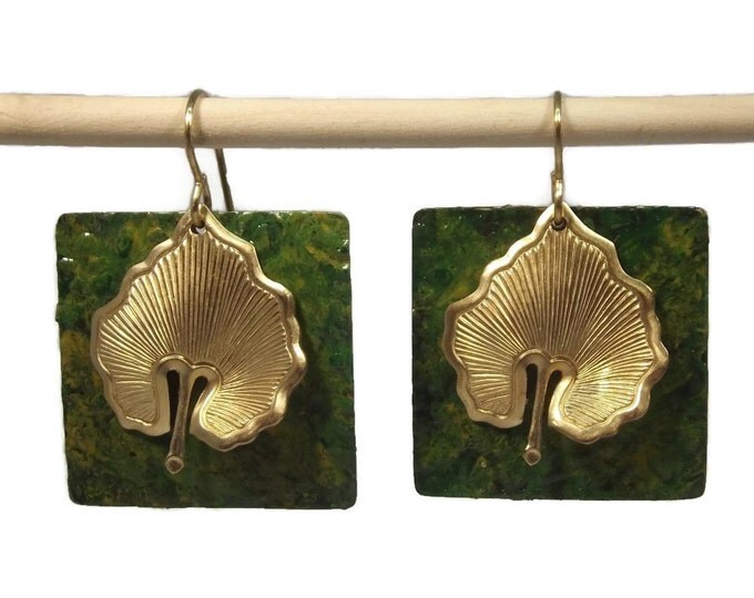 Enchanted Leaf Hand Painted Dangle Drop Earrings, Green & Gold Color, Saint Patrick's Day, OOAK, One of a Kind