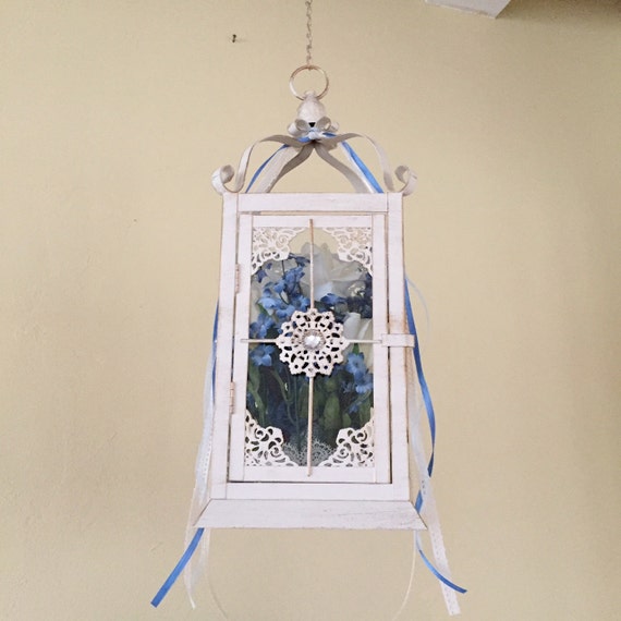 Decorative hanging lantern shabby chic with flowers. Large