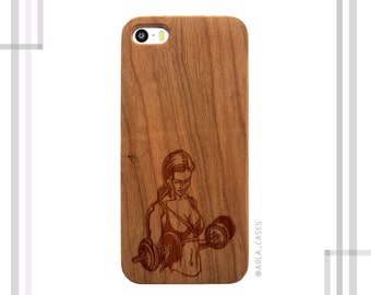 Woman Body Builder Wood Phone Case, Body Building case, Weight Lifting Gym Case, Gym Case, Workout Case for iPhone 6s, Galaxy S6 and S5