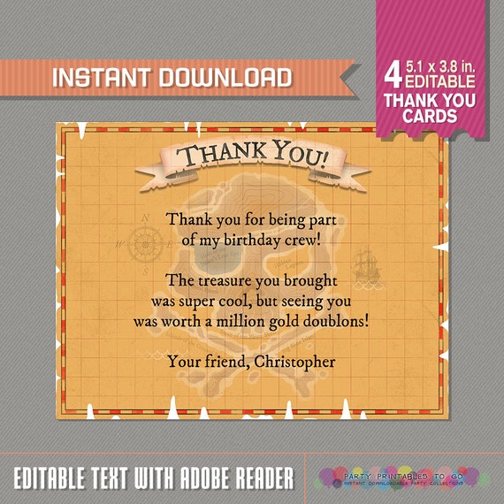 Pirate Thank you Cards - Pirate Party - Pirate Birthday - Instant Download - Edit and print at home with Adobe Reader Il_570xn