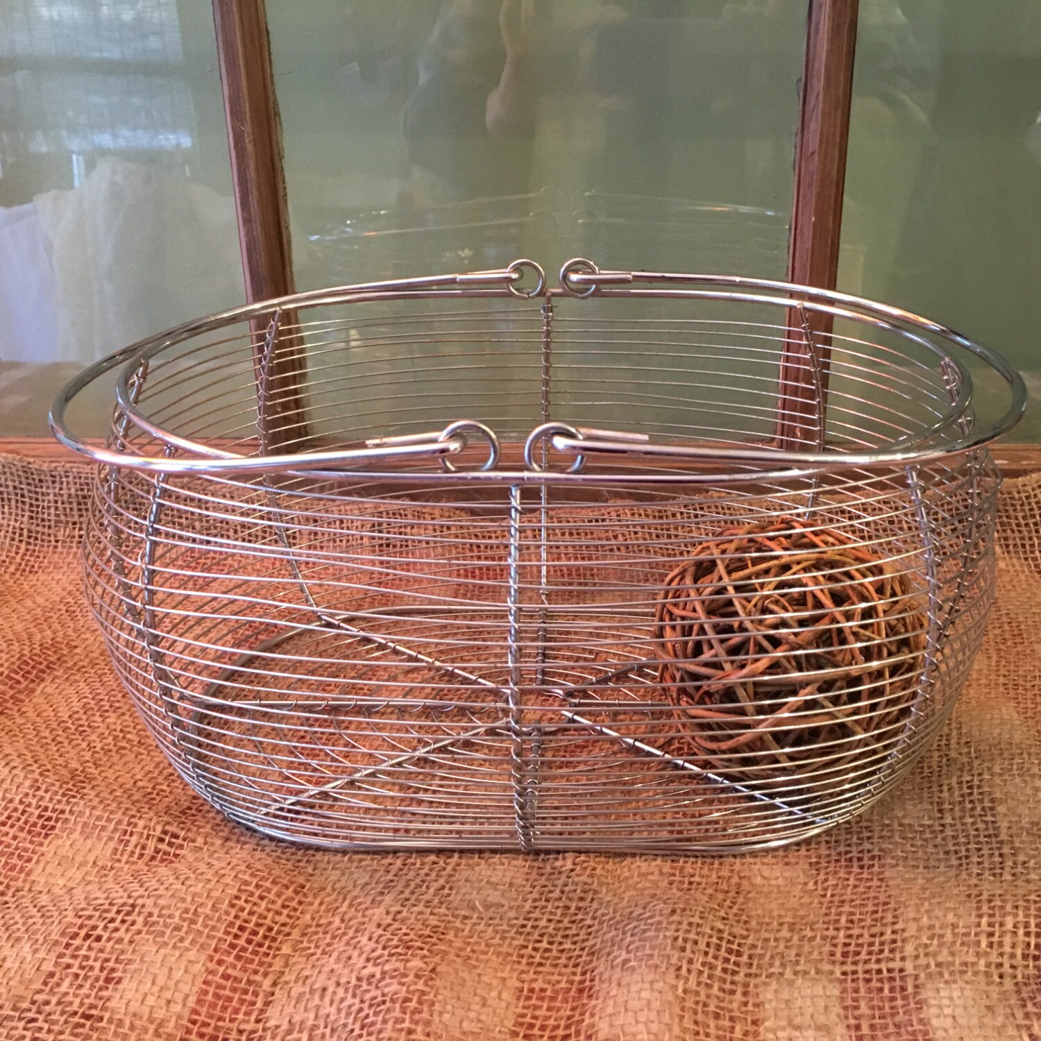 Vintage Oval Wire Metal Basket With Handle. Farmhouse