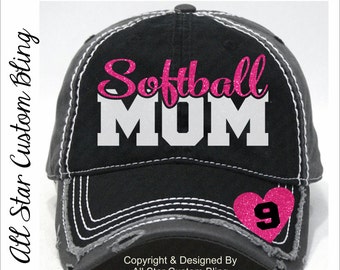 Glitter Softball Mom Hat, Softball Mom Distressed Hat, Mom Softball Hat, Custom Softball Hat, Personalized Softball Mom Hat