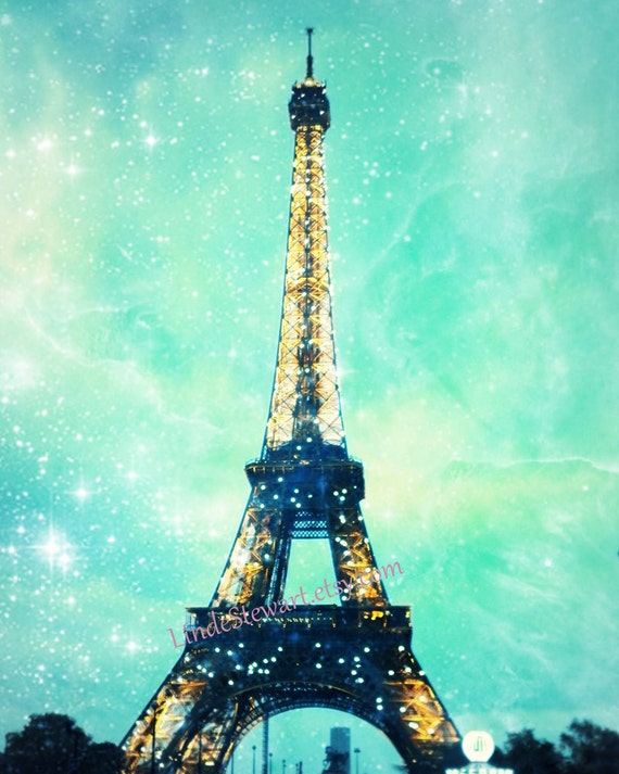 Items similar to Eiffel Tower Print, Mint Green and Teal Blue, Eiffel ...