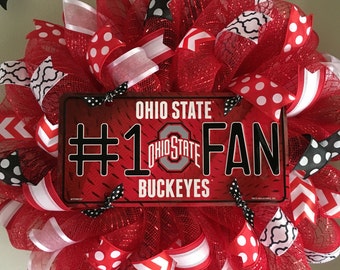 Ohio State Buckeyes Football Sports Fall Red and White Mesh Wreath