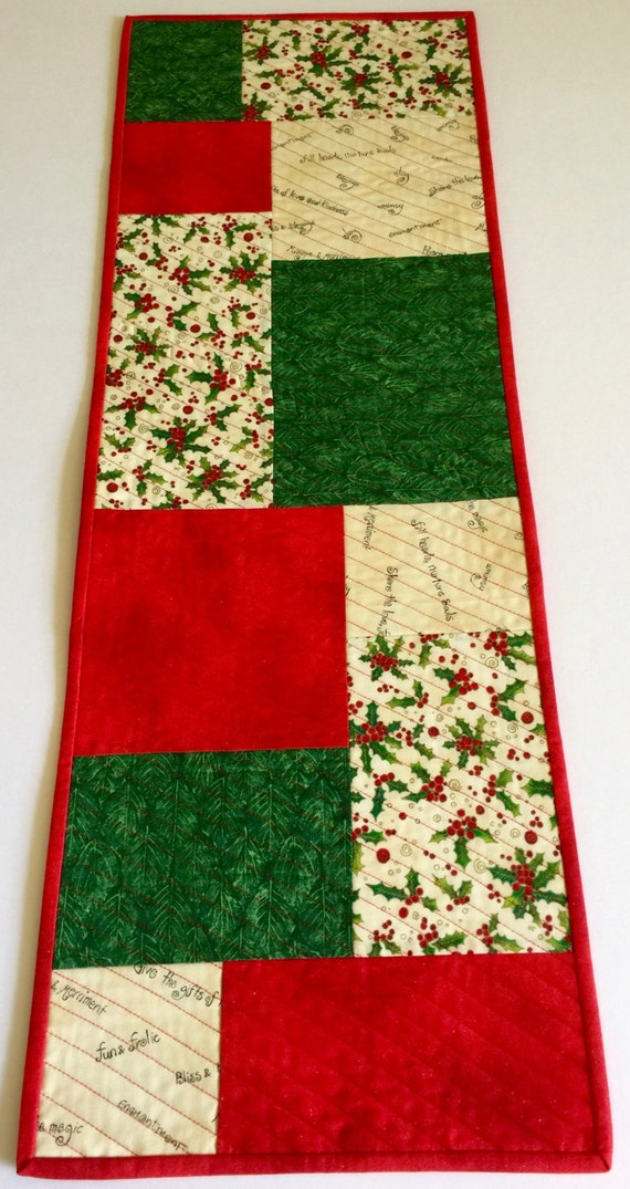 Quilted Christmas Table Runner in red green and off white
