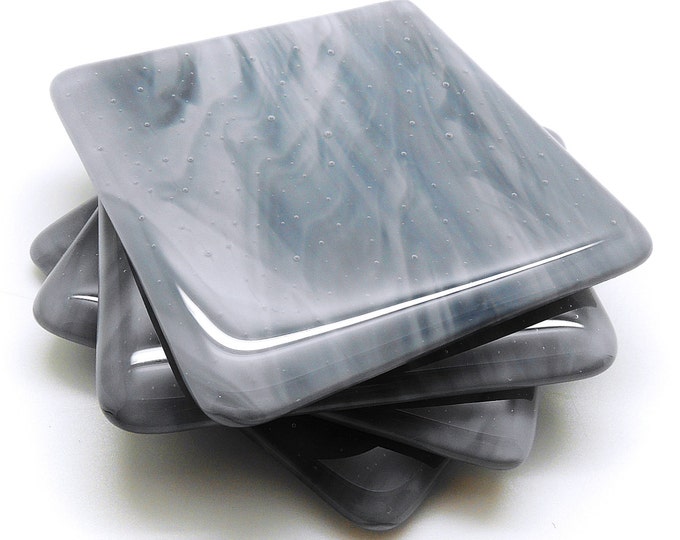 Silver grey glass coaster set. Fused glass drink mats / tiles. Gifts for him / her. Monotone Housewarming wedding anniversary birthday gift.