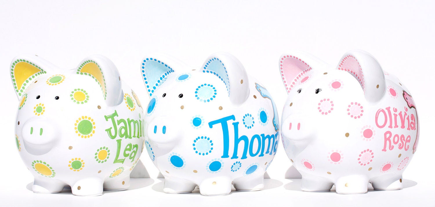 Boy Baptism Piggy Bank Hand painted and Personalized Custom