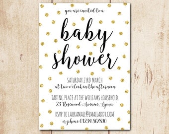 Gender Neutral Baby Shower Invitation - Personalised Invitation, Gold Glitter Invitation, Shower Invite, Printable Invitation 5x7" (bsi4)