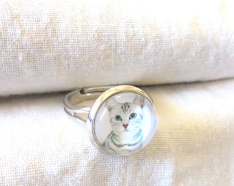 Tabitha Cat Ring, Cat Jewelry, Glass Picture Ring, Rhodium Titanium, Adjustable Ring