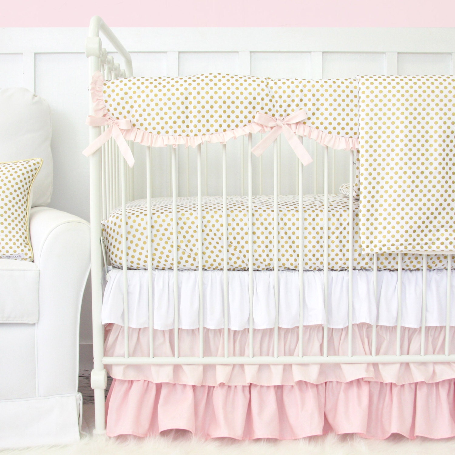 Blush and Gold Dot Ruffle Designer Baby Bedding Girl Crib