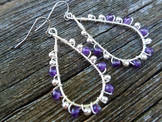 Silver Wire Wrapped Teardrop Dangle Earrings. Purple Agate