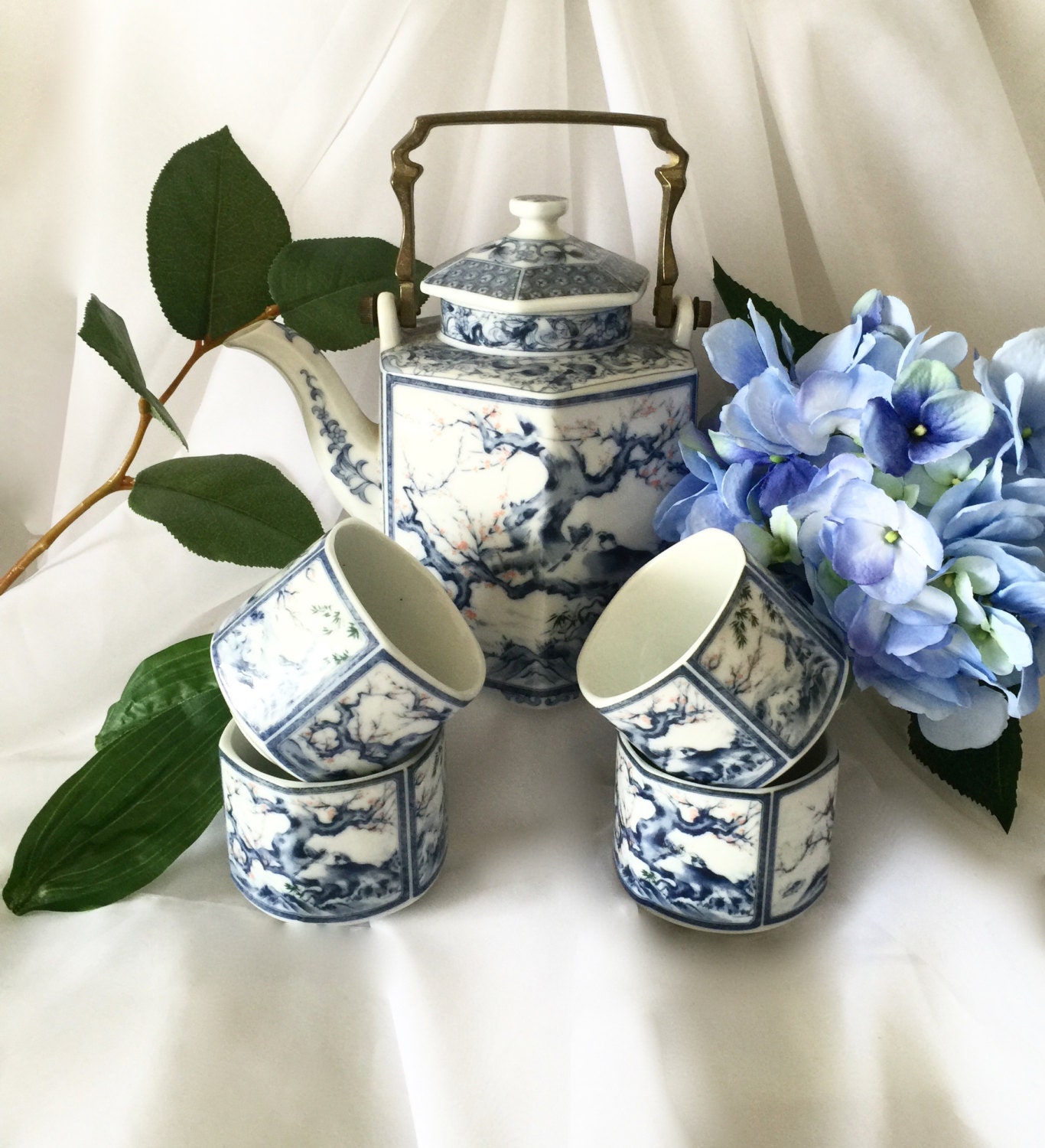 Vintage Japanese Teapot Set Blue White Dynasty Blue Fine Bone