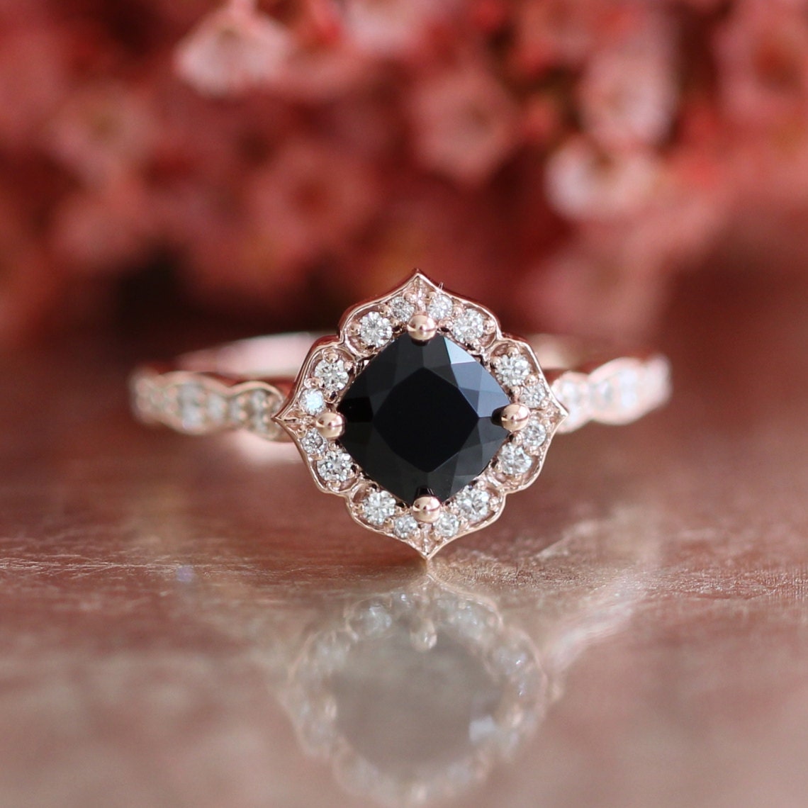 Mini Vintage Floral Black Spinel Engagement Ring in 14k Rose