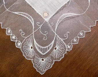 Vintage New With Tag Irish Linen White Hanky Trimmed with Embroidered Net, Bridal Wedding Hankie