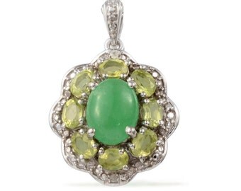 Green Jade Dyed Oval 1.85 Ct, Hebei Peridot, Diamond Pendant in Platinum Overlay Sterling Silver Nickel Free